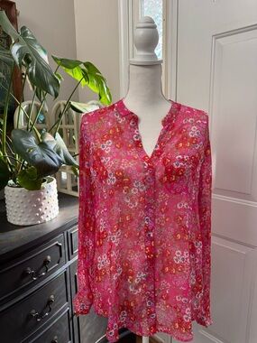 Kut from the Kloth Pink Floral Sheer Button-Up Blouse